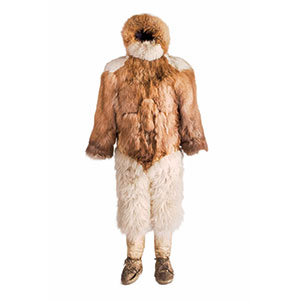 A coat, a pair of pants, and a pair of boots made of fur and leather