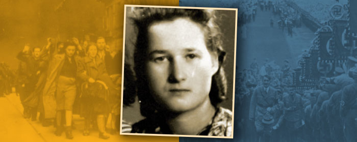 black and white photo of a woman over photos of jewish refugees and Adolf Hitler