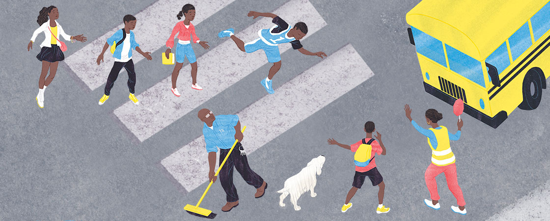 illustration of people crossing the street to school