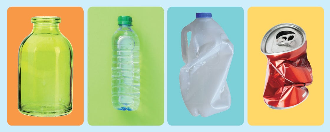 A glass bottle, a water bottle, a crushed milk bottle, and a crushed soda can