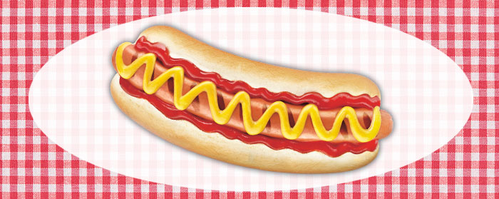 a hot dog with ketchup and mustard on a picnic background