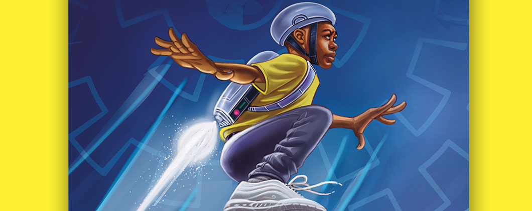 Illustration of a boy wearing a helmet and a jetpack flying through the air