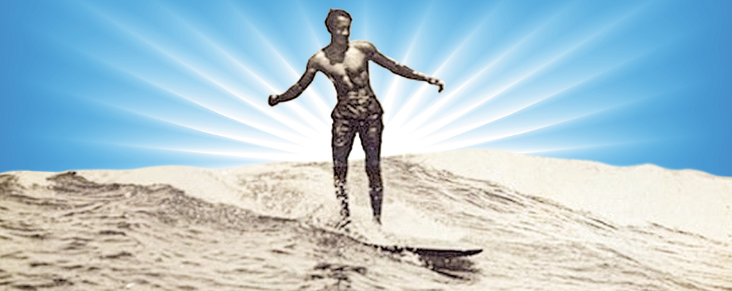 A black and white photo of a man surfing a wave with the title The Wave Catcher"