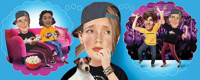 Illustration of a concerned girl with two thought bubbles of her doing different activities