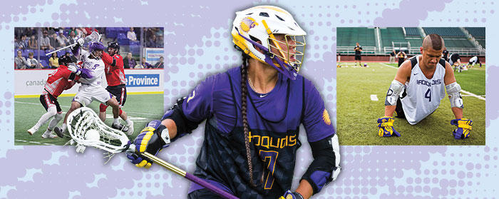 A man in lacrosse gear between two images of lacrosse players preparing for and playing a game