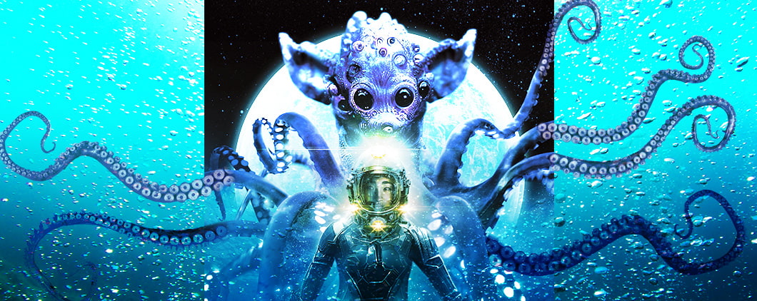 Illustration of an alien octopus creature facing off a diver