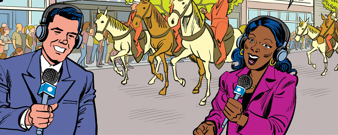 Illustration of reporters covering a parade with horses