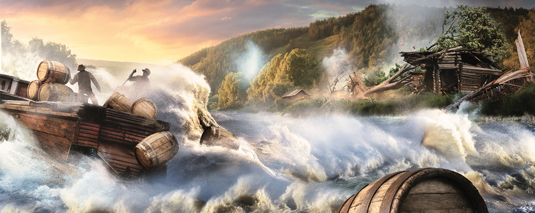 Digital illustration of Earthquake aftermath being taken by a river