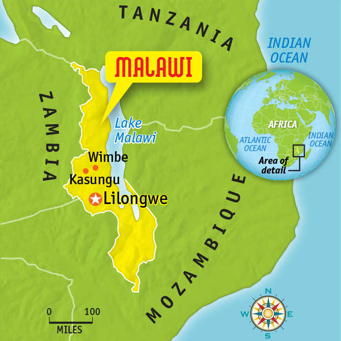 Enlargeable map of Malawi located in Africa and then a zoomed-out world map