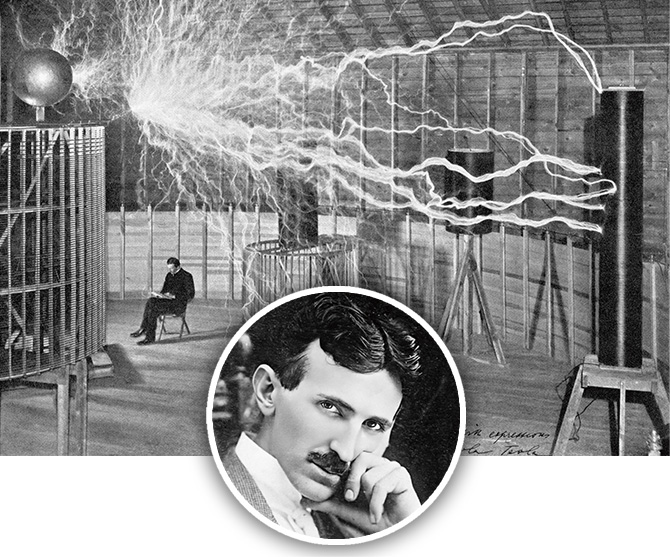 Enlargeable illustration of Nikola Tesla performing experiments and then a headshot of him