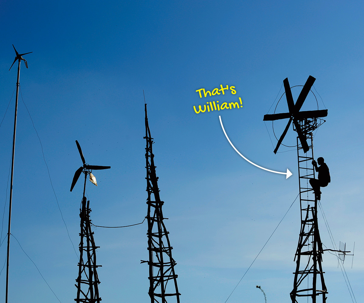 Image of windmills with a person named, William, climbing one