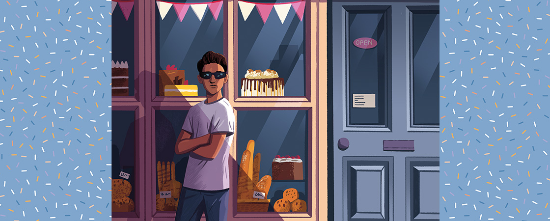 Illustration of person standing in front of a bakery and wearing sunglasses