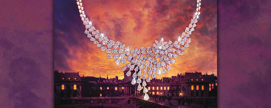 Image of a jewel necklace with a city in the background during sunset