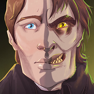 Illustration of Jekyll and Hyde with a split face