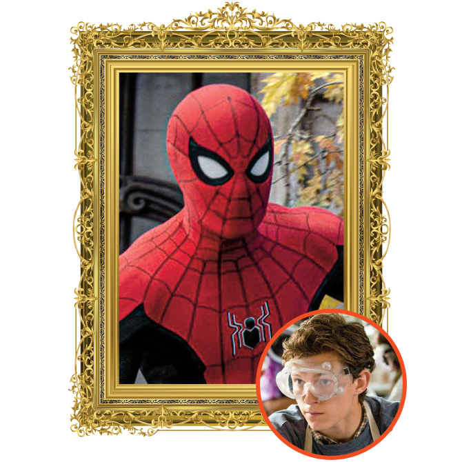 Framed photo of Peter Parker as Spiderman and then photo of him in science class