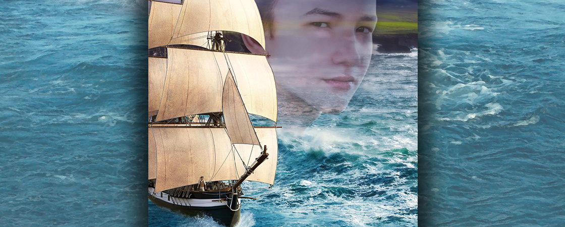 Image of a large ship in the water and an image of a young person&apos;s face