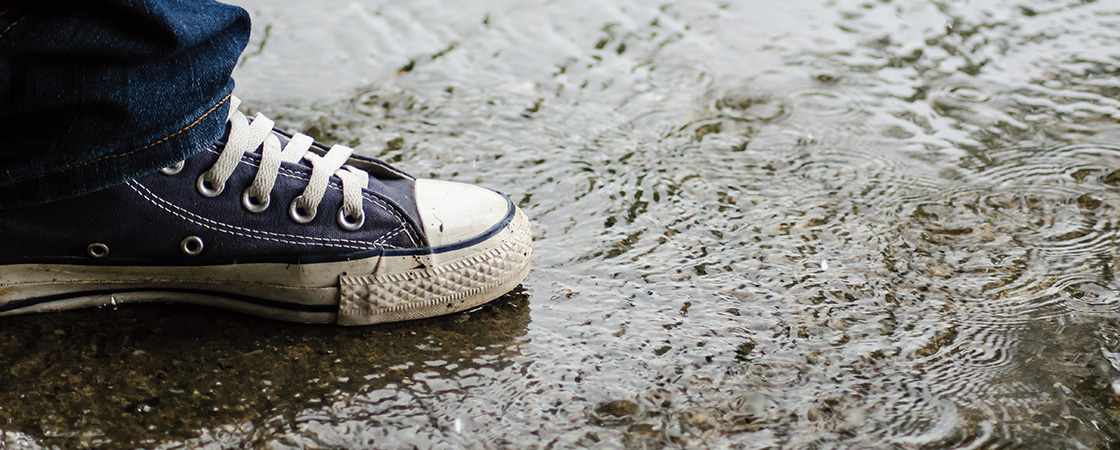 A shoe on rainy cement