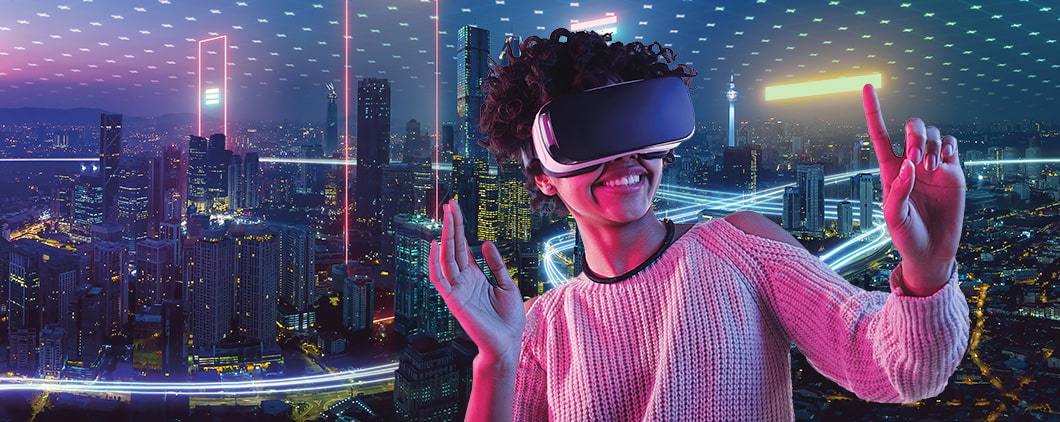 Person wearing a VR headset with a city in the background