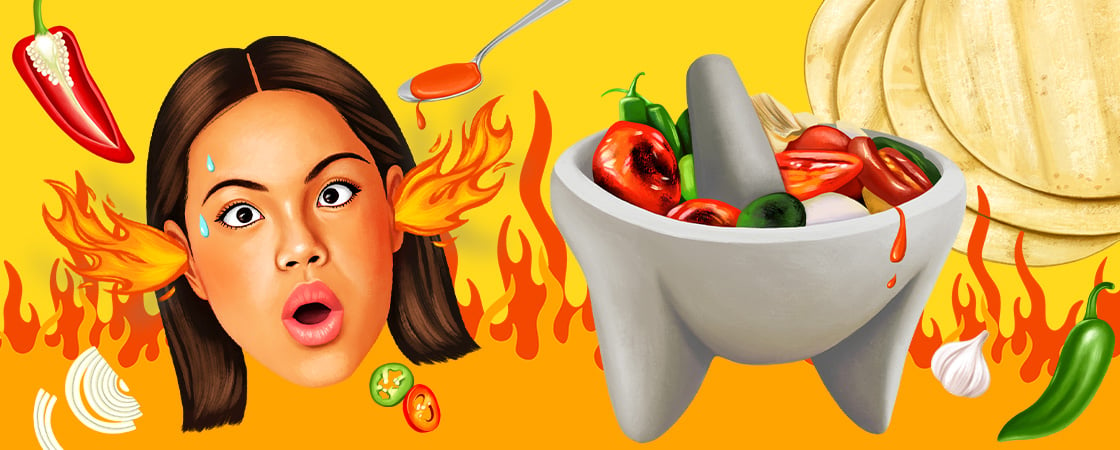 Illustration of fire coming out of the ears of someone who just ate spicy peppers and hot sauce