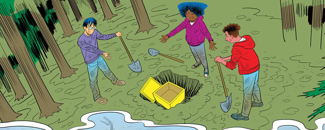 Illustration of three kids burying a capsule