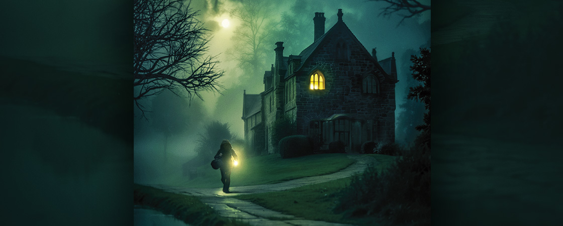 Illustration of someone with a flashlight checking out mansion during the night