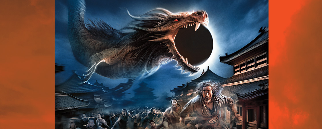 Illustration of a dragon swallowing the eclipse and a village of scared people running 