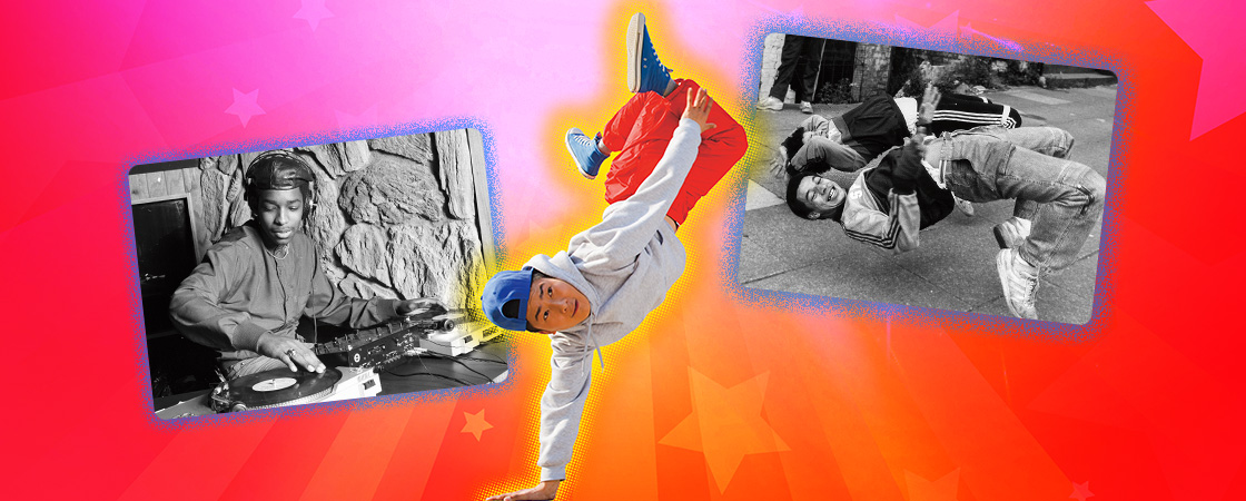 Modern break dancer and black & white photos of DJ and break dancers