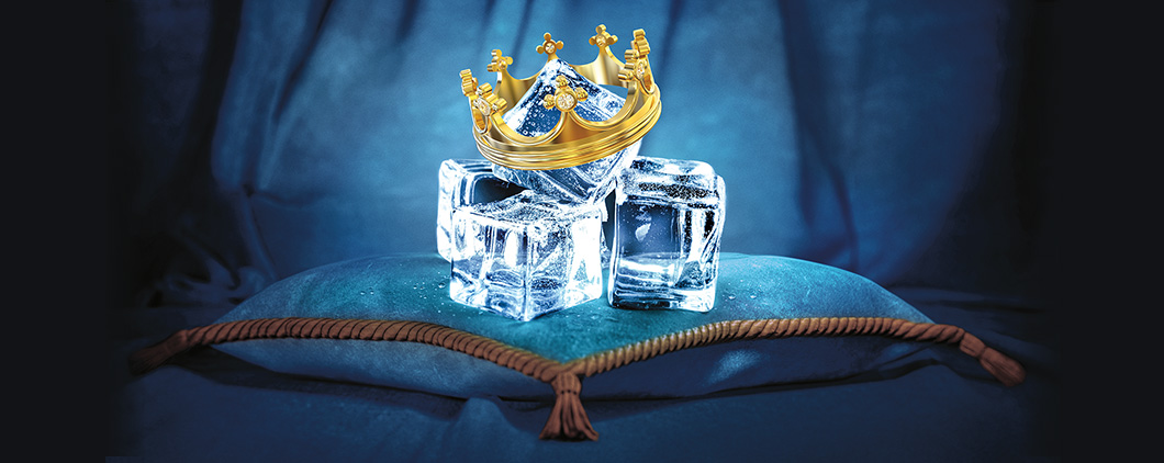 Image of ice cubes wearing a crown and placed on a royal blue pillow