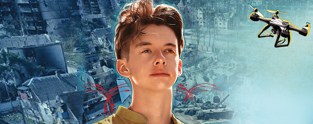 Image of a boy with a drone in the background