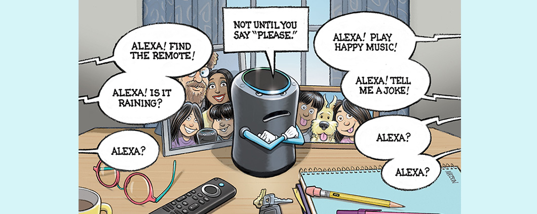 Ilustration of an annoyed Alexa being asked a stream of endless questions