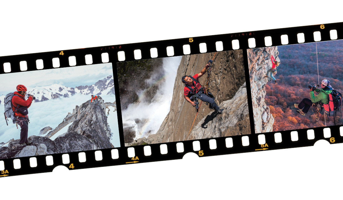 Film strip of three images of a climber in various locations