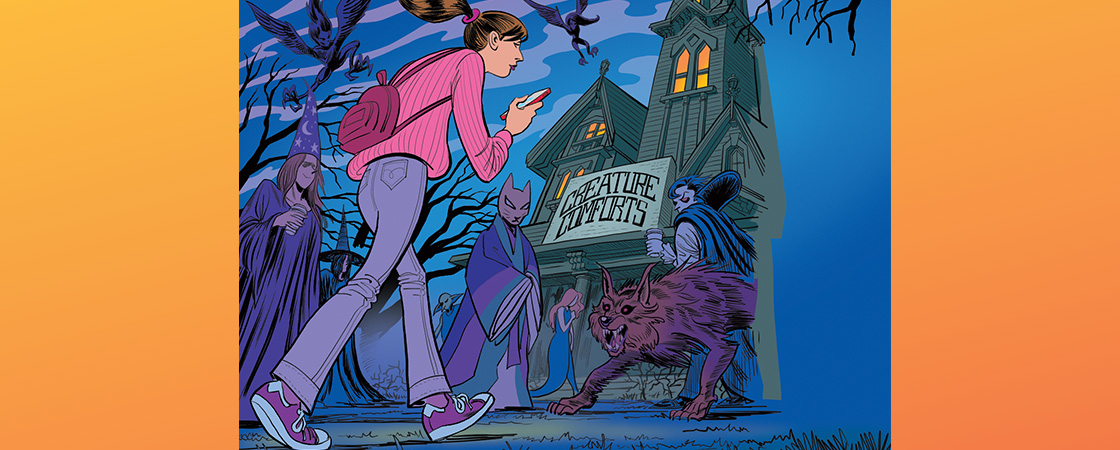 Ilustration of a teen walking by spooky creatures & house called, Creature Comforts