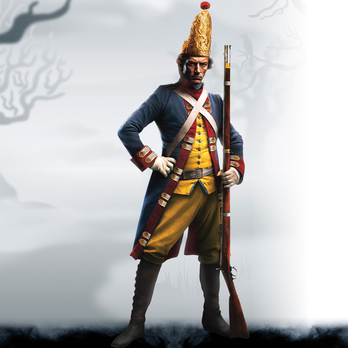 Image of a colonial man standing in a spooky field
