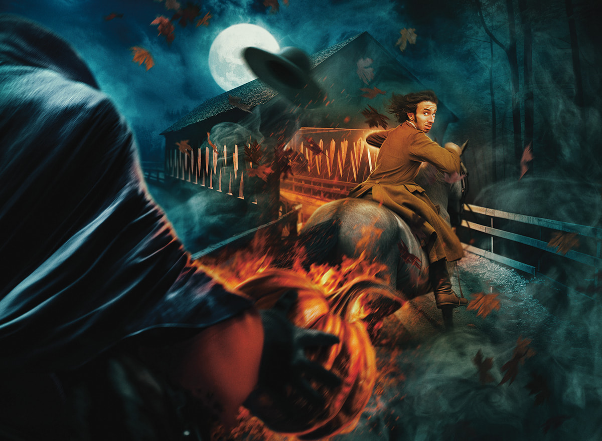 Illustration of a headless man holding pumpkin chasing a person on horseback