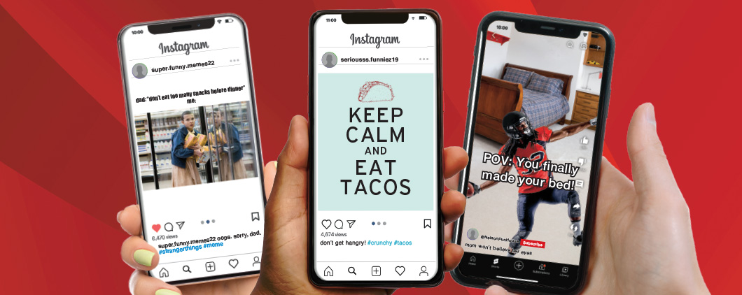 Image of three phone screens with different memes being shown