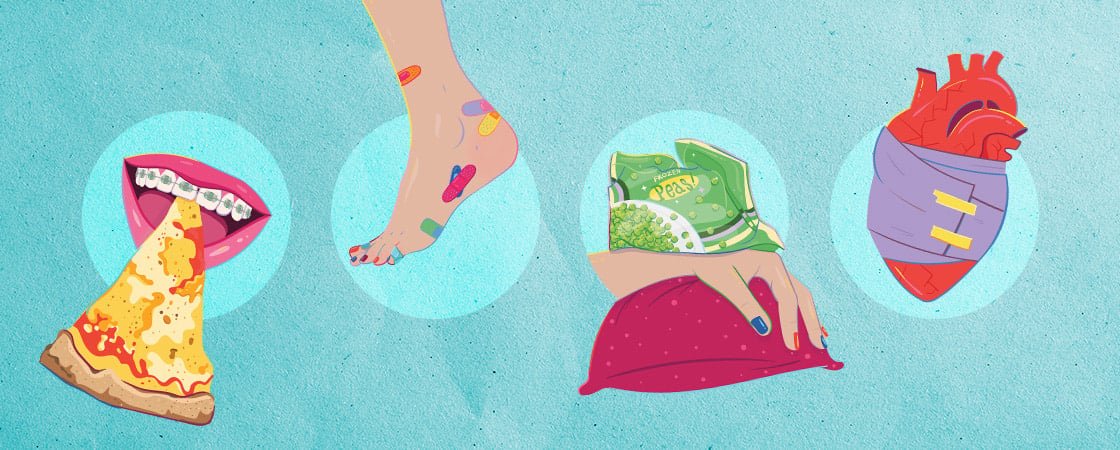 Illustration of mouth & pizza, foot with band-aids, a hurt hand, and bandaged heart