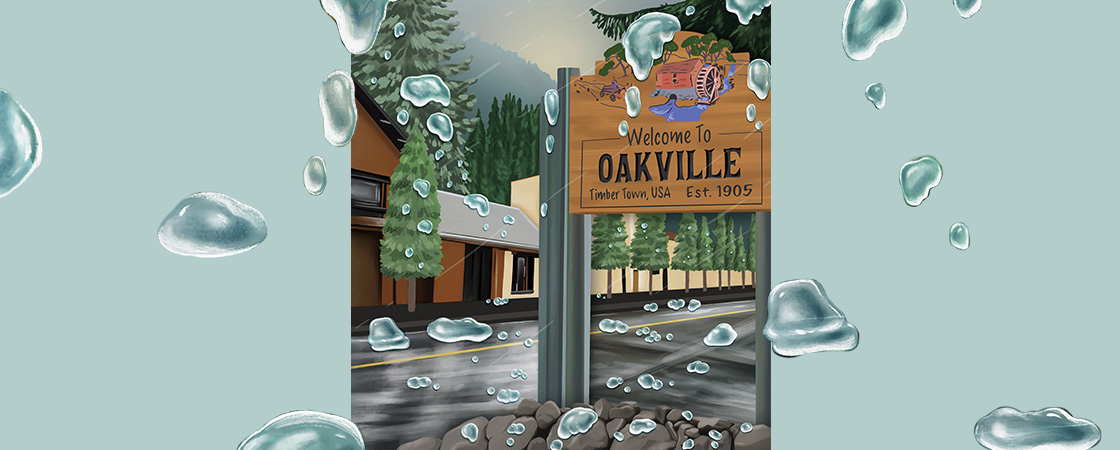 Illustration of town covered with blobs & sign, "Welcome to Oakville"