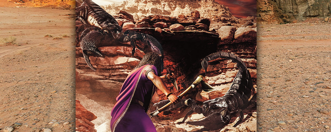 Illustration of a warrior battling giant scorpions