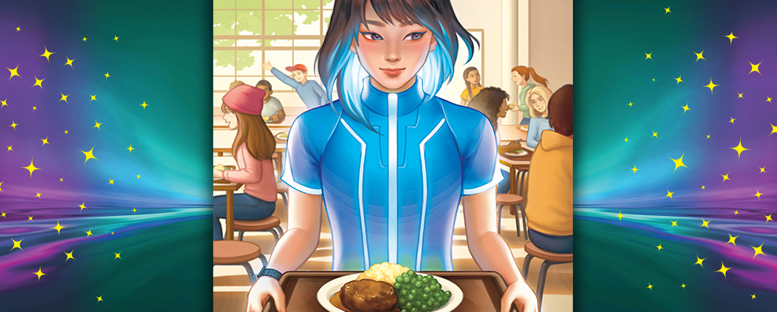 Illustration of a new student getting food during lunch