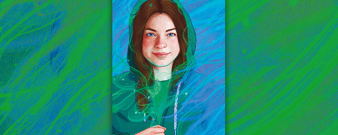 Illustration of teen wearing green and blue sweatshirt