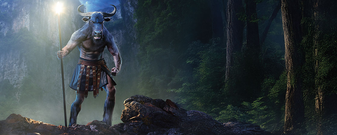 Illustration of bull-human creature in dark woods