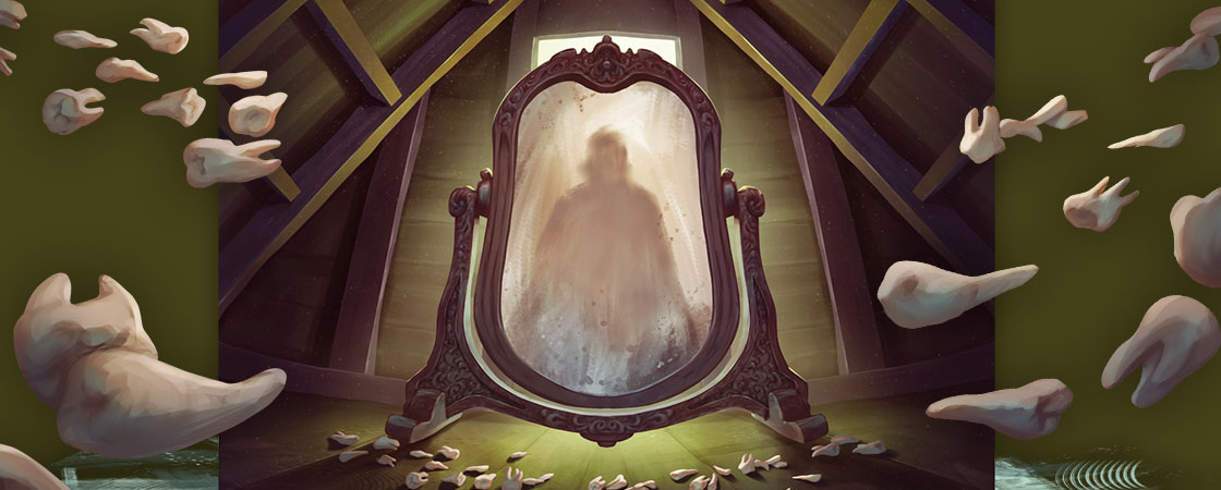 Illustration of an old mirror surrounded by piles of teeth