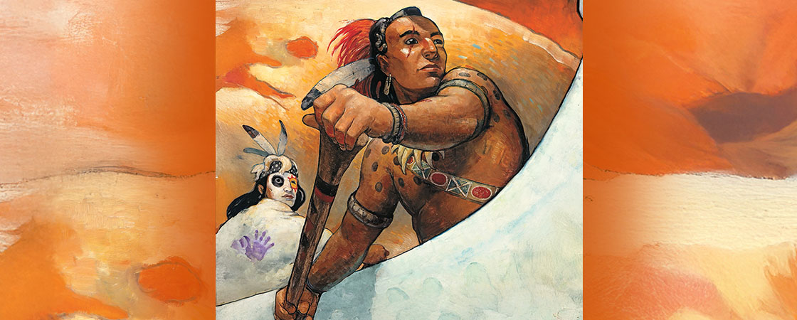 Illustration of two Native Americans rowing a canoe